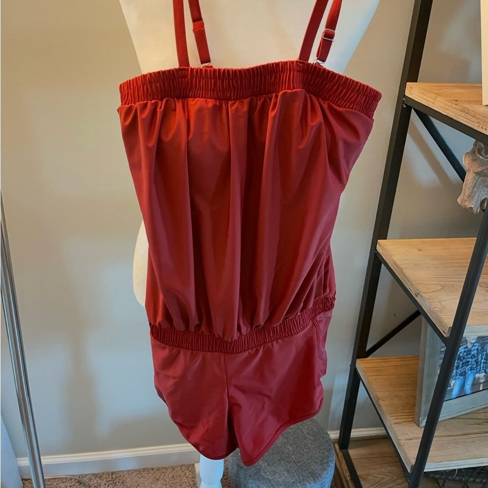 Red Strapless swim 70’s style Romper